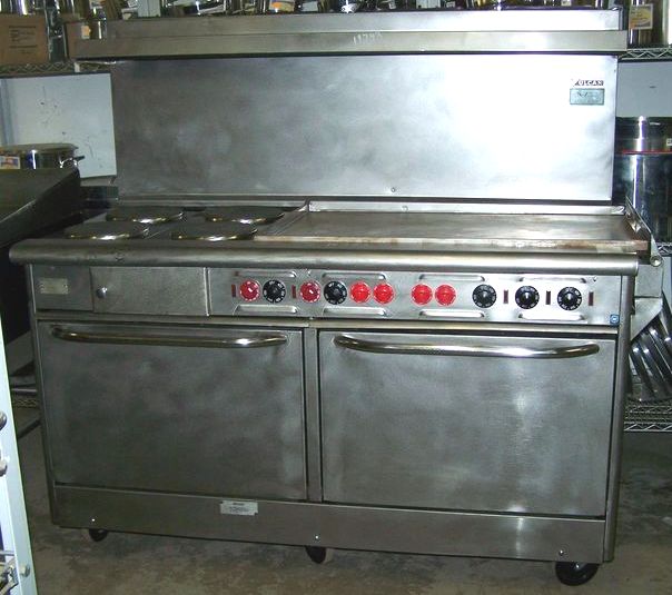 VULCAN 4 BURNER ELECTRIC RANGE WITH 36 INCH GRIDDLE AND 2 OVENS - Click Image to Close