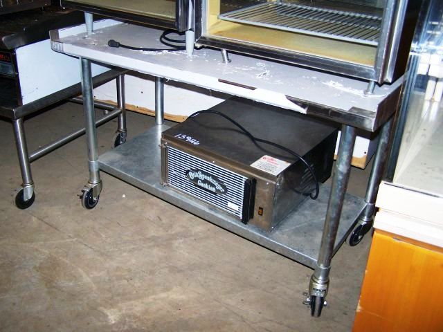 STAINLESS STEEL TABLE WITH GALVANIZED LEGS AND UNDERSHELF ON CAS - Click Image to Close