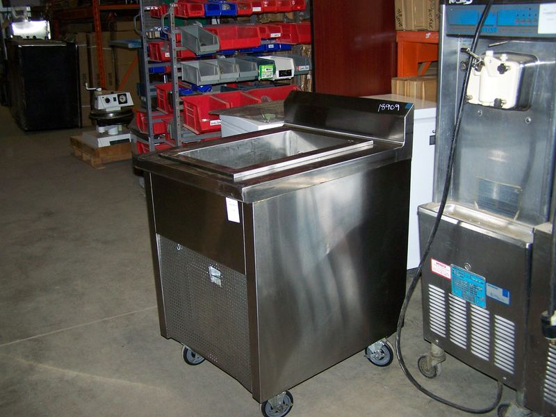 CUSTOM S/S CABINET WITH DROP IN COLD PAN ON CASTERS - Click Image to Close
