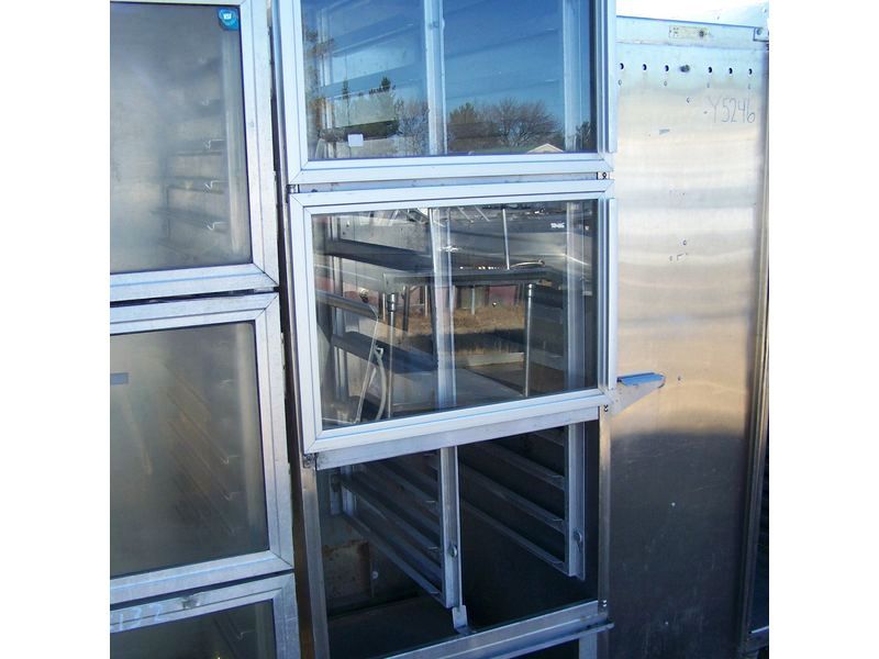 ENCLOSED HOLDING CABINET ON CASTERS W 3 GLASS DOORS 27 X 34 X 75