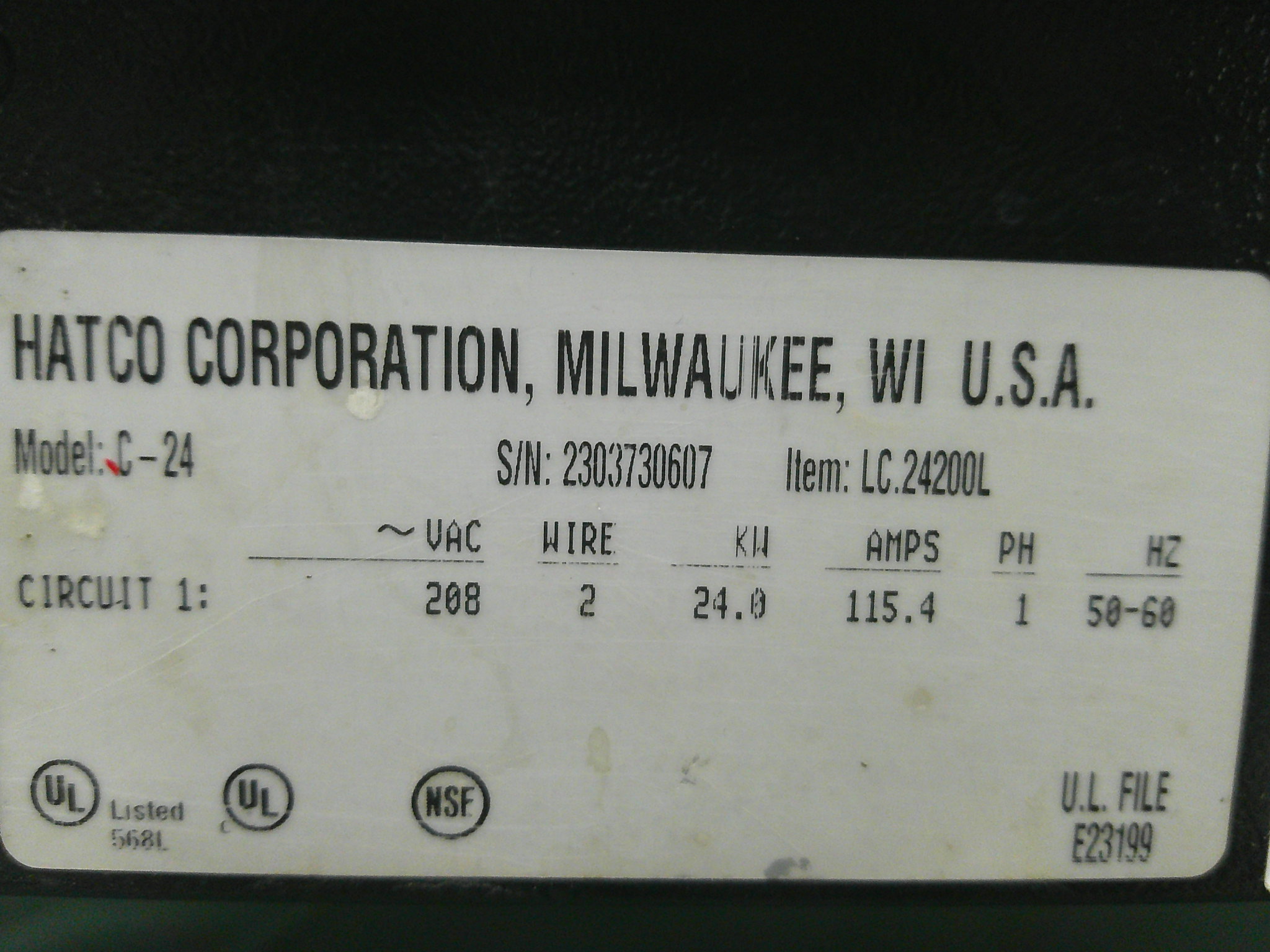 HATCO 24KW BOOSTER HEATER