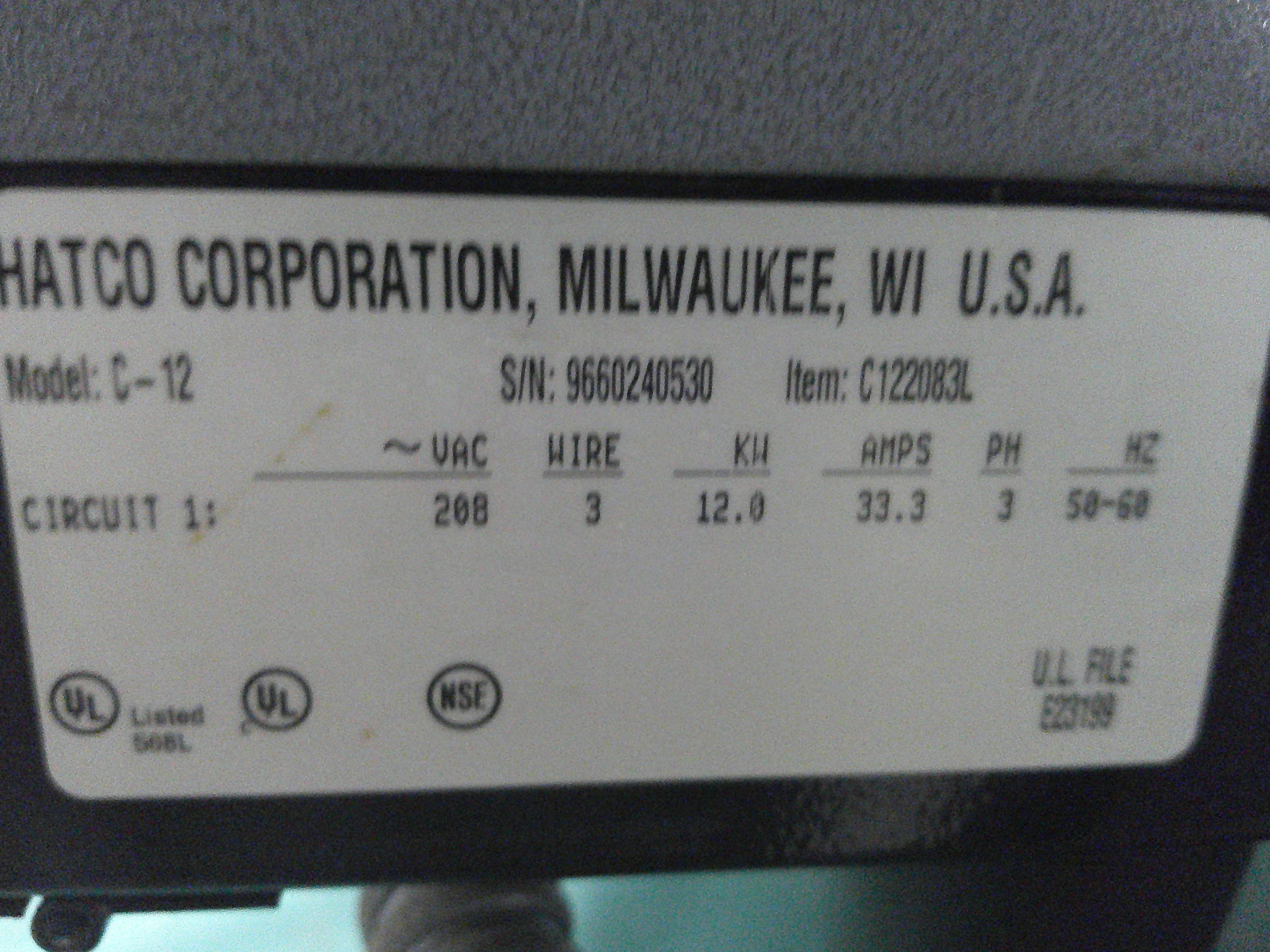 HATCO BOOSTER HEATER